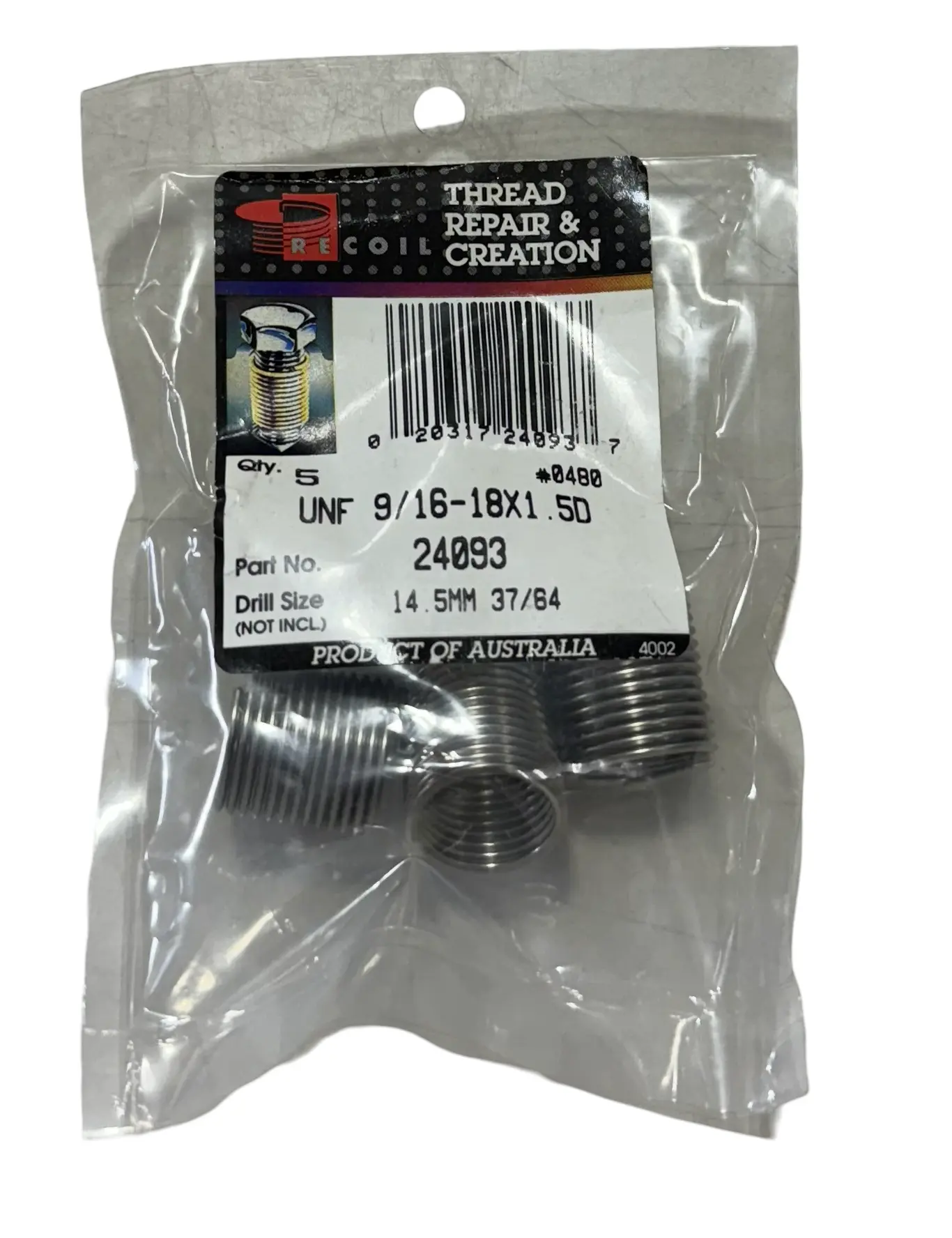 Recoil Tanged Free-Running Coil Threaded Insert Helical 9/16-18 UNF 1.5D Length 304 Stainless Steel 5 Pack