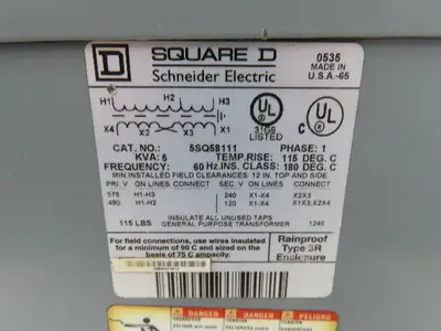 Square D 5SQ58111 Stepdown Power Transformer 5kVA 1Ph HV 480/575 LV 120/240