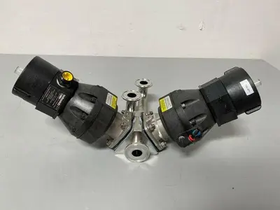USED ITT PURE-FLO A209 3-WAY STAINLESS STEEL VALVES W/  POSITION MONITORS & 2" FIT
