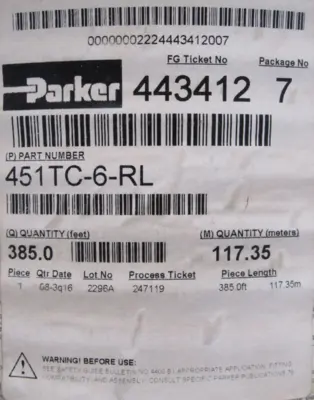 NEW PARKER 451TC-6-RL HYDRAULIC HOSE 3/8" 385 FT 451TC6RL