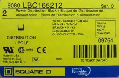 NEW BOX OF 2 SQUARE D 9080LBC165212 POWER DISTRIBUTION BLOCK