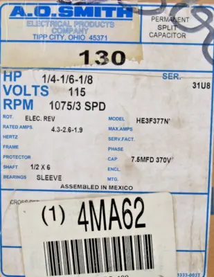 NEW AO SMITH 130 MOTOR 115V 1075RPM 4MA62