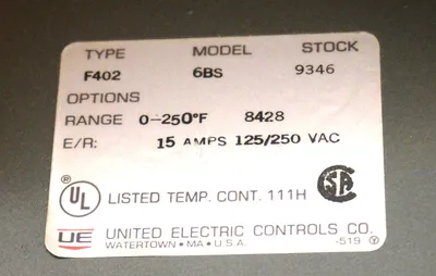 NEW UNITED ELECTRIC F402-6BS-9346 TEMPERATURE SWITCH F402-6BS, F4026BS9346