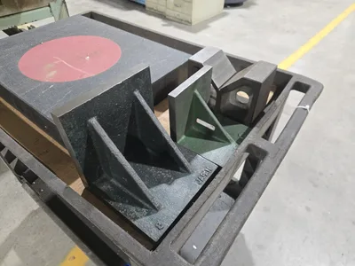 Cart and Contents; Angle Irons, V-Block, Granite Inspection Surface; 24"x18"x3"