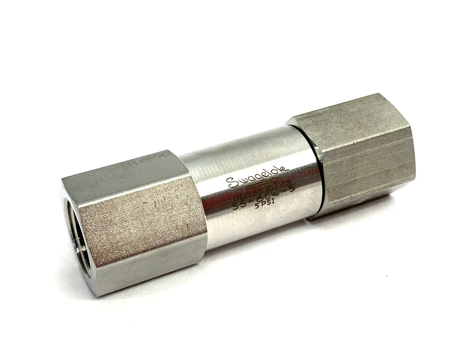 USED SWAGELOK STAINLESS STEEL POPPET CHECK VALVE, FIXED PRESSURE, 5PSI