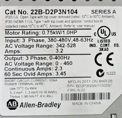 Allen Bradley 22B-D2P3N104 SerA PowerFlex 40 Ac Drive (BIN741)