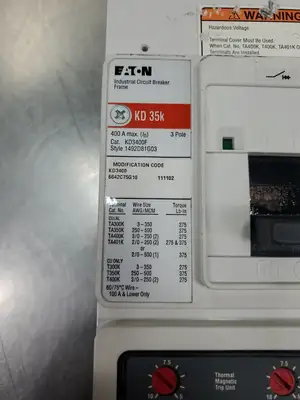 USED Eaton KD3400F 400A Circuit Breaker w/KT3400T Thermal Magnetic Trip Unit