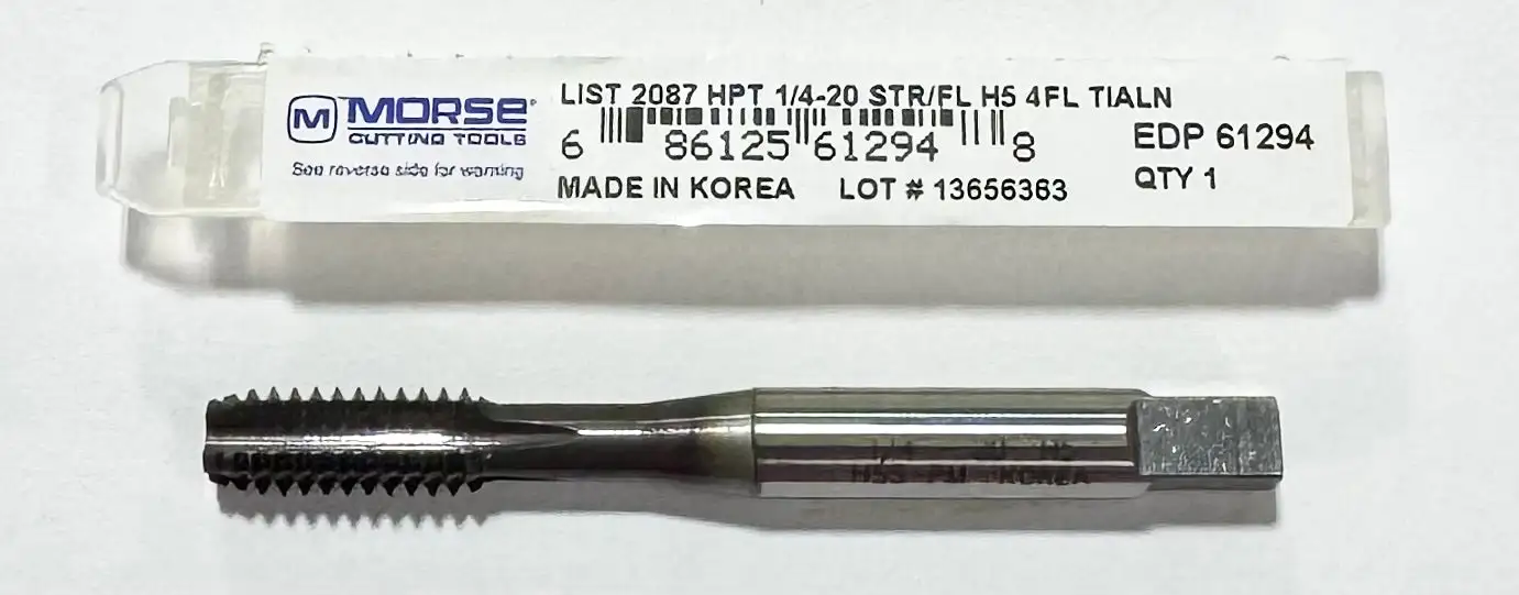 Morse 1/4"-20NC HSS-PM Straight Flute Semi-Bottoming Tap 4FL H5 TiAlN Coated