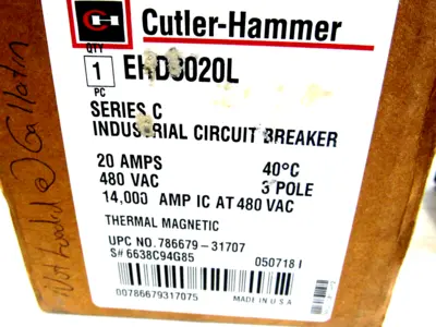 NEW CUTLER HAMMER EHD3020L SER.C CIRCUIT BREAKER 20A, 480VAC, 3 POLE