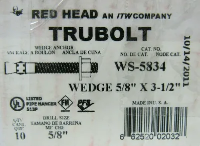 NEW BOX OF 10 ITW RED HEAD WS-5834 WEDGE ANCHOR 5/8" x 3-1/2" WS5834