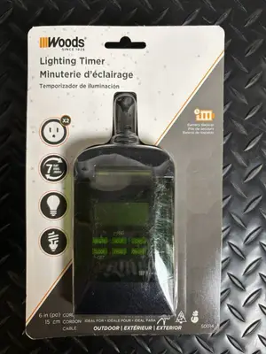 Woods Lighting Timer - Outdoor 7-Day Battery Backup 6in Cord (2-Pack)