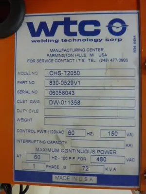 USED WELDING TECHNOLOGY CORP CHS-T2050