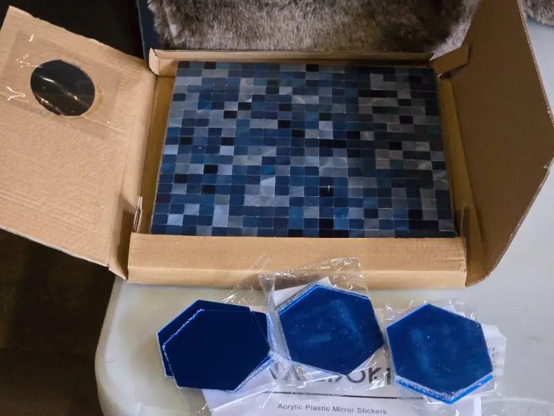 (5) Tile Sheets 11-1/2" x 11-1/2", (36) Acrylic Plastic Mirror Stickers 3-1/4" x 3-1/4"