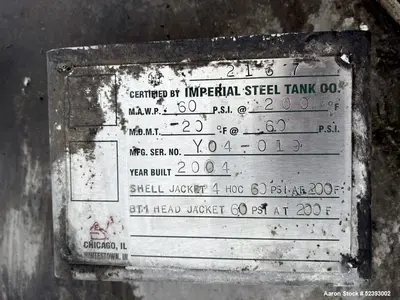 Used Imperial Steel 900 Gallon Reactor – 304 Stainless Steel, 60 PSI