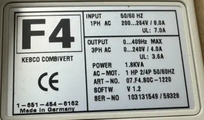 NEW KEB 07.F4.80C-1220 COMBIVERT F4 DRIVE 200-264V 1HP 2/4P 07F480C1220