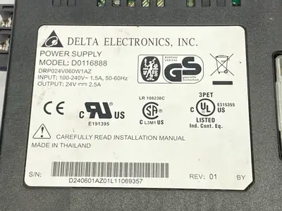 D0116888 | Delta Electronics  Power Supply 1.5A 100-240V Input 2.5A 24V Output - Used