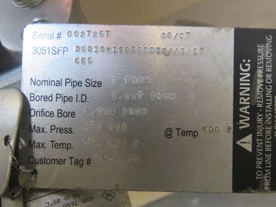 Rosemount 3051SFP DS010W10500D32AA1A1BCE5 Nominal Pipe Size 1", Unused