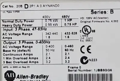 Allen-bradley 20B D 2P1 A 0 AYNAND0 SerB Power flex 700 Loc1D