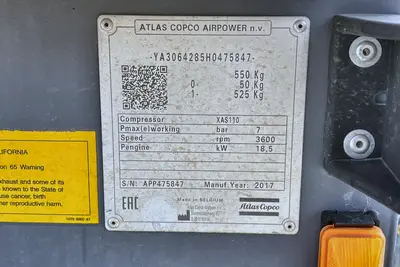 Used 2017 ATLAS COPCO XAS 110 Rotary Screw & Sliding Vane Air Compressors Texas US | Proxy Equipment #1385386