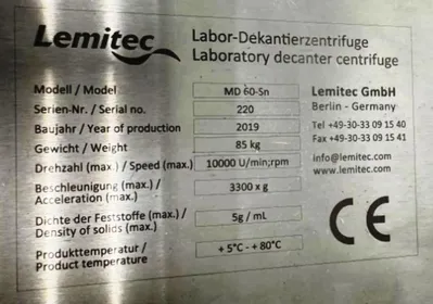 Lemitec MD 60-Sn CIP/SIP laboratory decanter centrifuge, 316L SS.