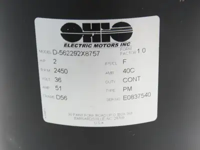 Ohio Electric Motors D-562292X8757 Hydraulic Pump & Motor 36VDC Off PLR-100