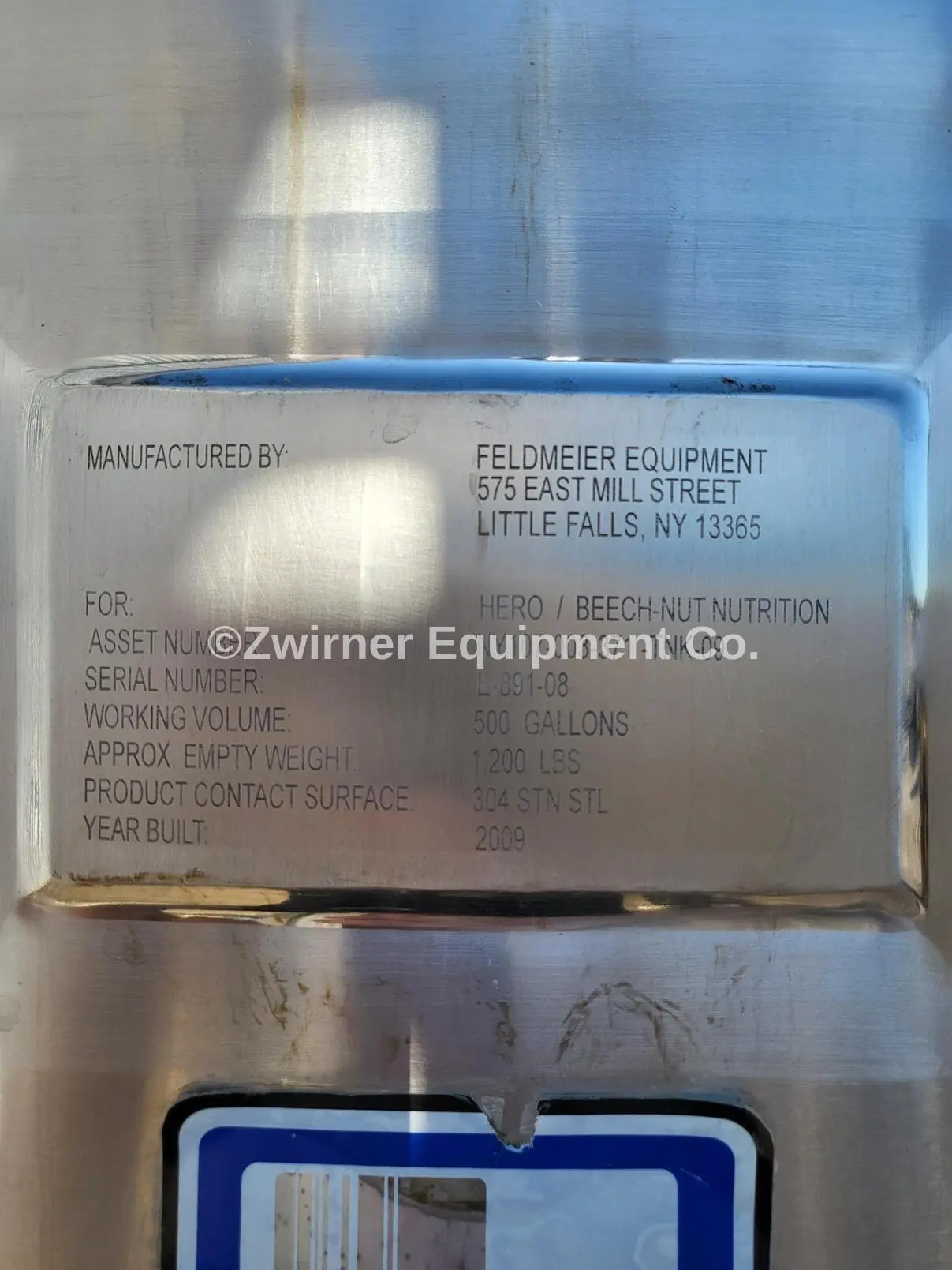 Feldmeier 500 Gallon Stainless Steel Single Shell Mix Tank, Dome Top, Cone Bottom