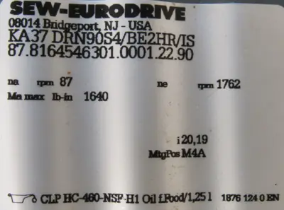 NEW SEW EURODRIVE KA37 DRN90S4/BE2HR/IS GEARMOTOR 20.19 KA37DRN90S4BE2HRIS