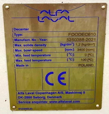 (3) Alfa-Laval FOODEC 610 sanitary decanter centrifuges, 316SS.