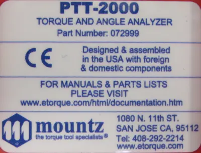 USED MOUNTZ PTT-2000 TORQUE AND ANGLE ANALYZER RTSX50F PTT2000 072999