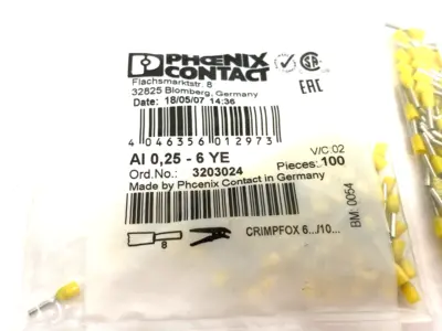 New | in-Stock Phoenix Contact Wire Ferrule Yellow AI 0,25- 6 YE 100-PACK, LOT OF 3 Electrical Fittings Michigan US | Maverick Industrial Sales #1390698