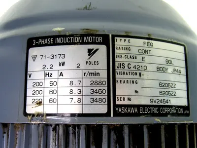 Yaskawa Electric FEQ JIS C 4210 Induction Motor, 3-Phase, 2-Pole, 2.2kW, 200-220V, 50/60Hz, 7.8-8.7 Amp, 2880-3480 r/min