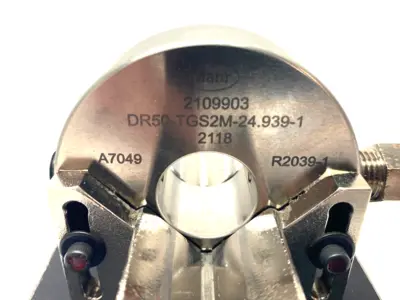 USED MAHR DIMENSIONAIR 2-JET AIR RING GAUGE W/ GUIDE CHUTES & BASE PLATE