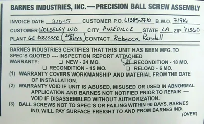 REFURBISHED BARNES BWO-71916 Z AXIS BALL SCREW 79" BWO71916