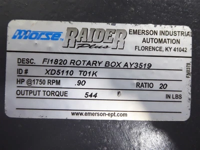Morse FI1820 ROTARY BOX AY3519 Raider Plus Gearbox XD5110 T01K 20:1 Ratio Used