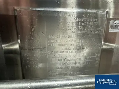 USED Precision 600 Liter Precision Stainless Reactor, 316L S/S, 45/100#