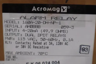 ACROMAG ALARM RELAY 160A-20-DH-NP-1 MAX AMBIENT: 70 DEGREES CELCIUS NEW #G331