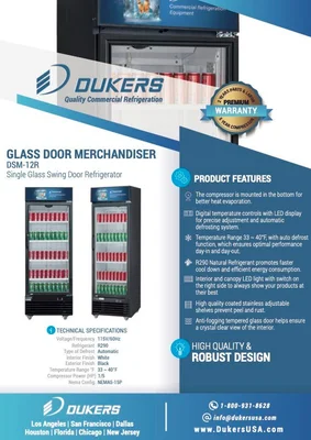 New | in-Stock Dukers New Dukers DSM-12R Commercial Single Glass Swing Door Merchandising Reach-in Cooler Refrigerator Display Refrigerators Illinois US | Falcon Restaurant Supply #1376374