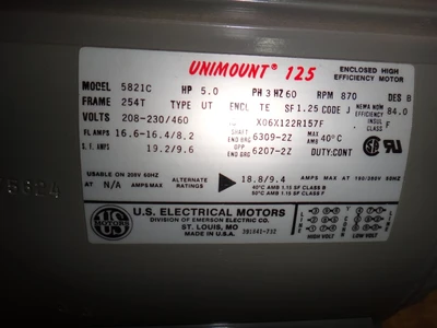 U. S. Motors 5 HP 870 RPM Motor