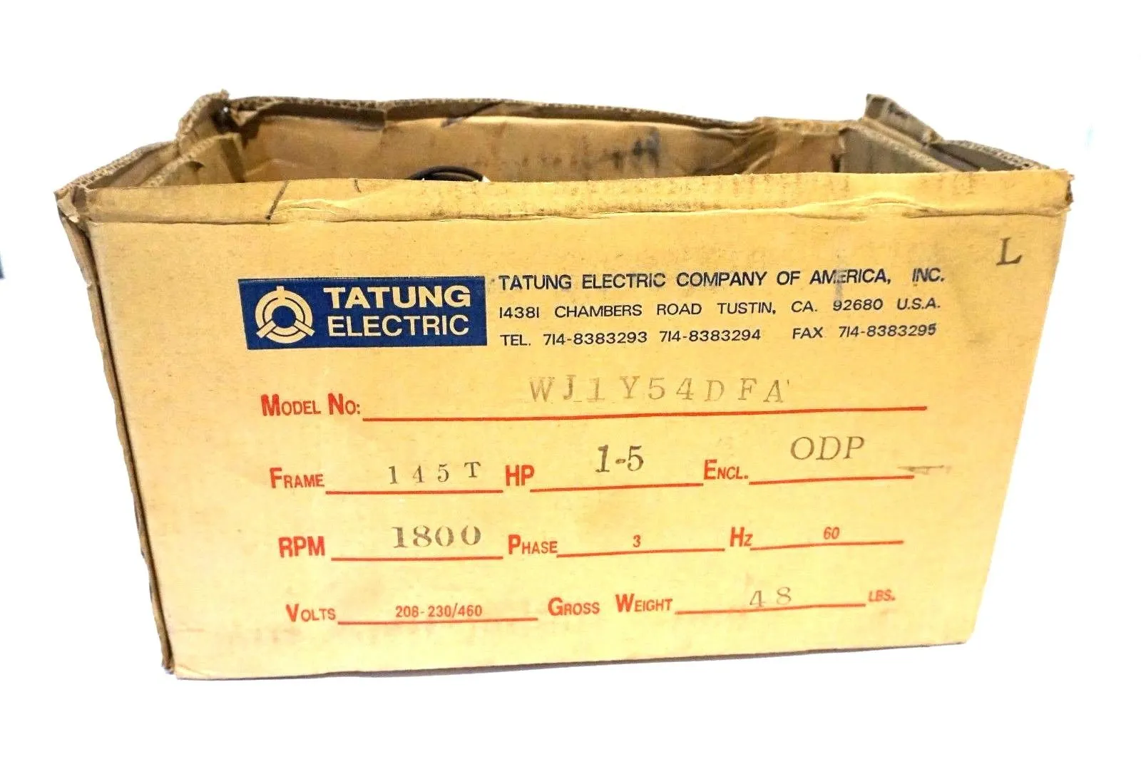 NEW TATUNG ELECTRIC WJ1Y54DFA 3 PHASE INDUCTION MOTOR 1.5 HP 1720 RPM