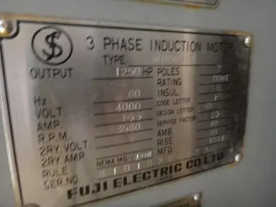 Fuji Electric 1250 HP @ 3580 RPM 4000 Volt SN 81018299NS2