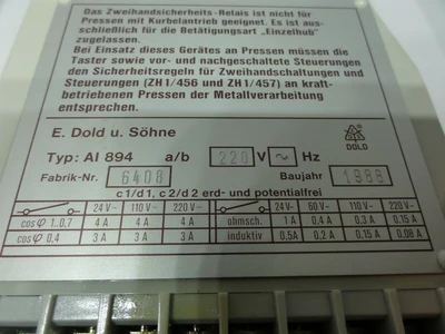 E. DOLD U. SOHNE TYPE AL 894 RELAY, 220V