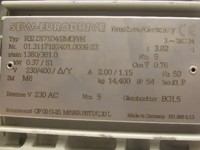 Sew Eurodrive R32 DT71D4/BMG/TH Inline Gearmotor .5Hp 230/400V 3PH 50hz 3.82:1
