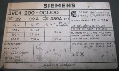 Lot (6) Siemens 3VE4200-0CQ00 Circuit Breaker 22-32A 3-Pole H13