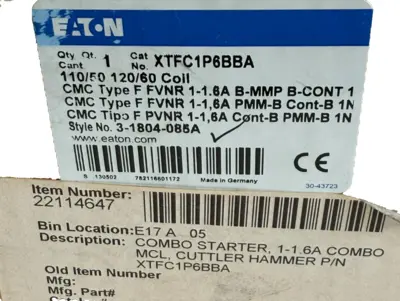 NEW EATON XTFC1P6BBA COMBNIATION STARTER 110/50 120/60 COIL