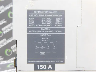 ABB S3N Molded Case Switch 4 Pole 150A 600VAC 600VDC Sace S3 50/60Hz Used