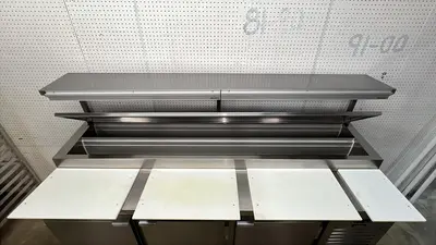Used Kairak Used 91" Kairak KBP-91S 3 Door Refrigerated Stainless Steel Prep Table - 115V - JJ Food Prep Tables Illinois US | Falcon Restaurant Supply #1373551