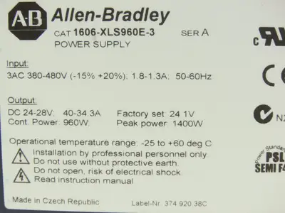 Allen Bradley 1606-XLS960E-3 PLC Power Supply 24VDC 40A 960W 380-480V 3PH Input