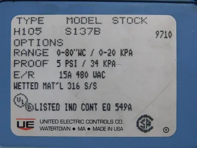 United Electric H105-S137B Pressure Switch 15A 480VAC 0-80"WC 0-20KPA Used