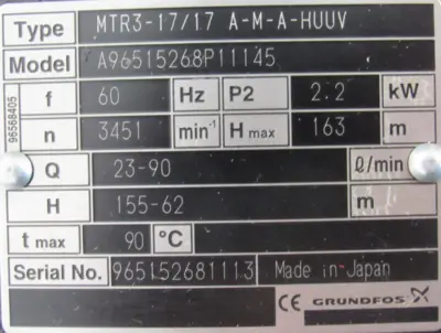 REFURBISHED GRUNDFOS MTR3-17/17 A-M-A-HUUV IMMERSION PUMP MTR31717AMAHUUV