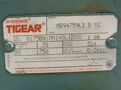 Dodge Tigear Q175B010M140L1 Worm Gearbox 10:1 Reducer 1.7Hp 175rpm 140TC RH